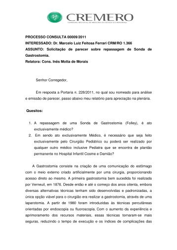 SolicitaÃ§Ã£o de parecer sobre repassagem de Sonda de ...