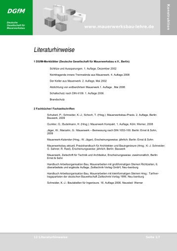 Literaturhinweise - Mauerwerksbau