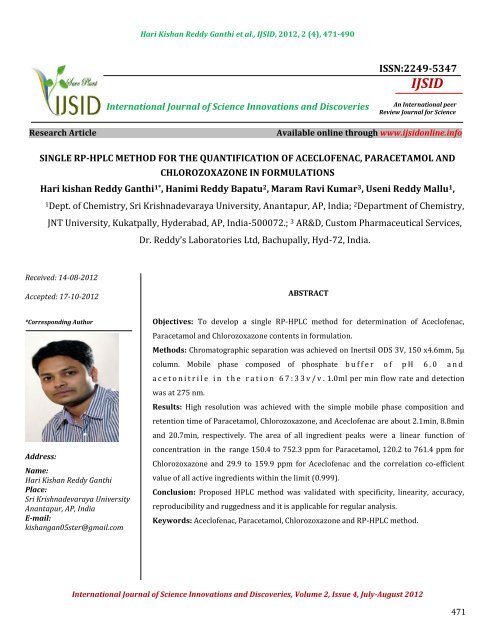 SINGLE RP-HPLC METHOD FOR THE ... - Ijsidonline.info