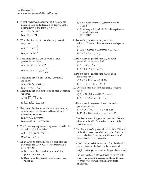 Pre Calculus 11 Geometric Sequences Series Practice 1 Is Each