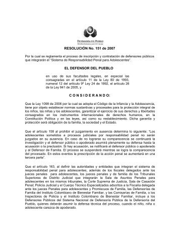 RESOLUCIÃN No. 151 de 2007 EL DEFENSOR DEL PUEBLO ...
