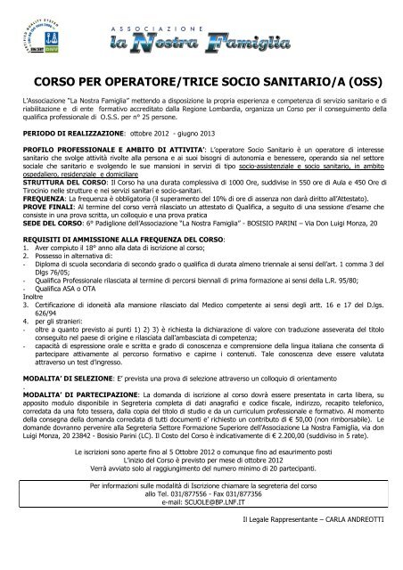 corso per operatore/trice socio sanitario/a (oss) - La Nostra Famiglia