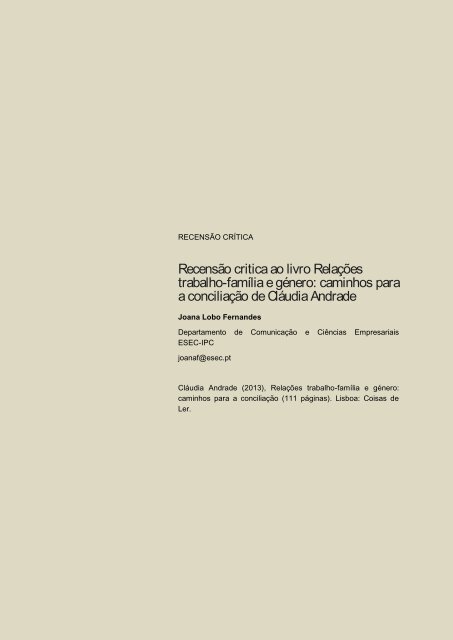 Recensão critica ao livro Relações trabalho-família e género - Exedra