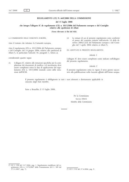 REGOLAMENTO (CE) N. 669/2008 DELLA ... - EUR-Lex