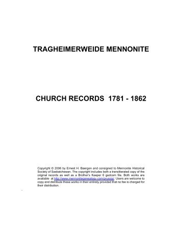 tragheimerweide mennonite church records 1781 - 1862