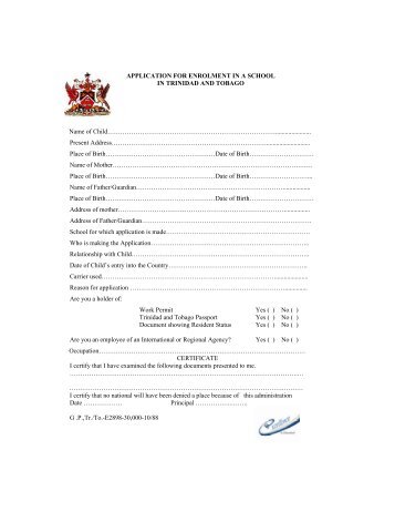 APPLICATION FOR ENROLMENT IN A SCHOOL - Trinidad & Tobago