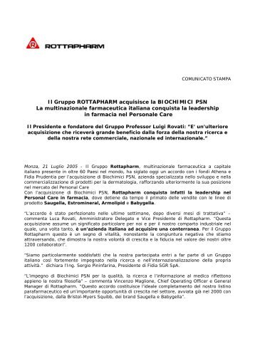 Il Gruppo ROTTAPHARM acquisisce la BIOCHIMICI PSN La ...