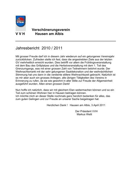 Jahresbericht 2010 / 2011 - Gemeinde Hausen am Albis