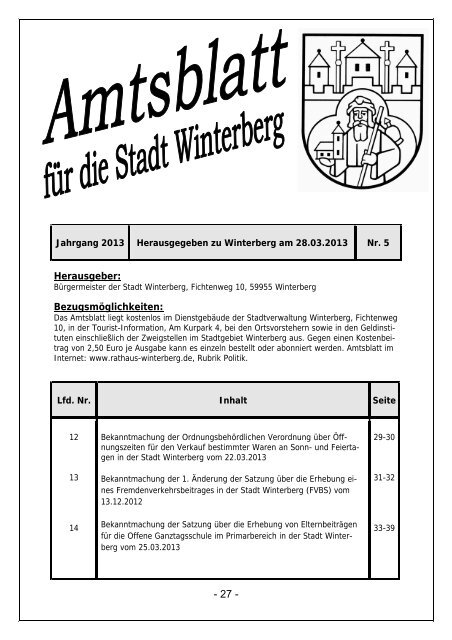 Herausgeber: Bezugsmöglichkeiten: - Rathaus Winterberg