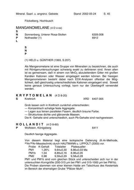 Mineralien des Saarlandes und angrenzender Gebiete - MGAS