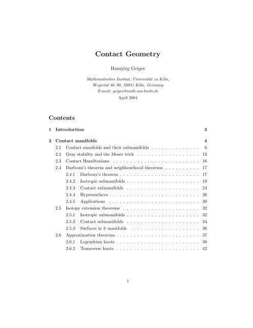 Contact Geometry - Mathematisches Institut der Universität zu Köln