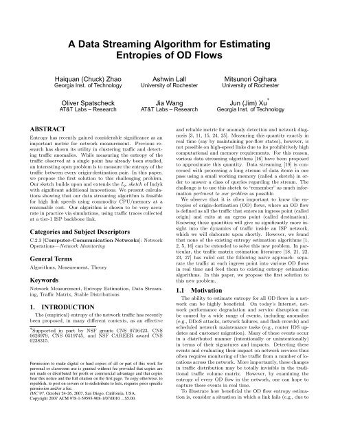 A Data Streaming Algorithm for Estimating Entropies of OD Flows