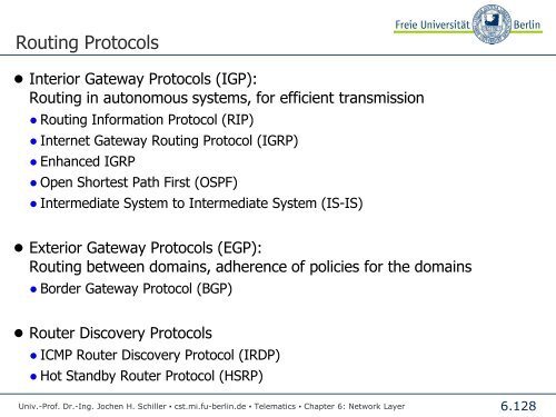 Telematics Chapter 6: Network Layer - Freie Universität Berlin