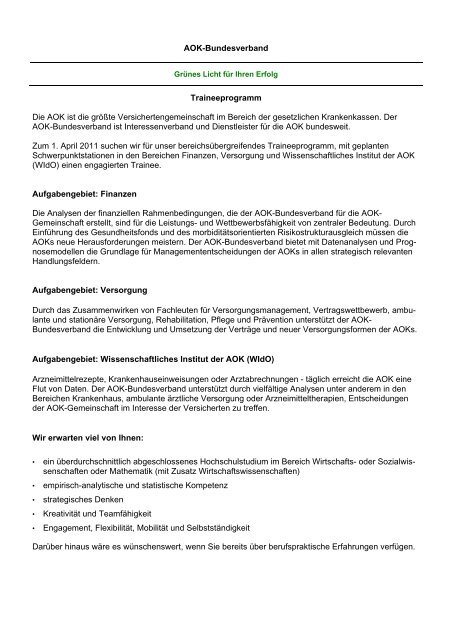 AOK-Bundesverband Traineeprogramm Die AOK ist die grÃ¶ÃŸte ...