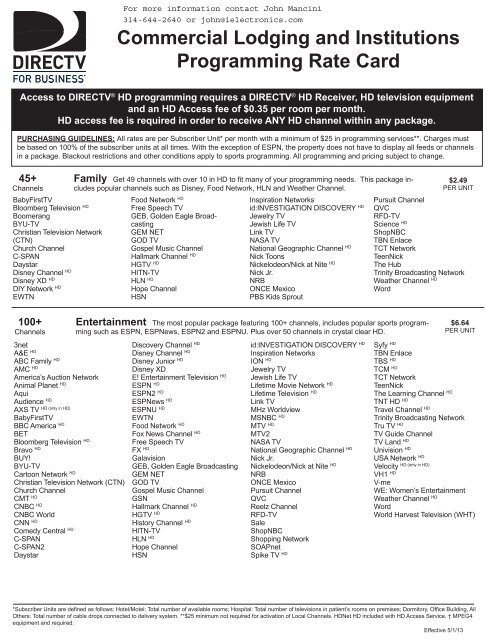 Commercial Lodging and Institutions Programming Rate Card - directv