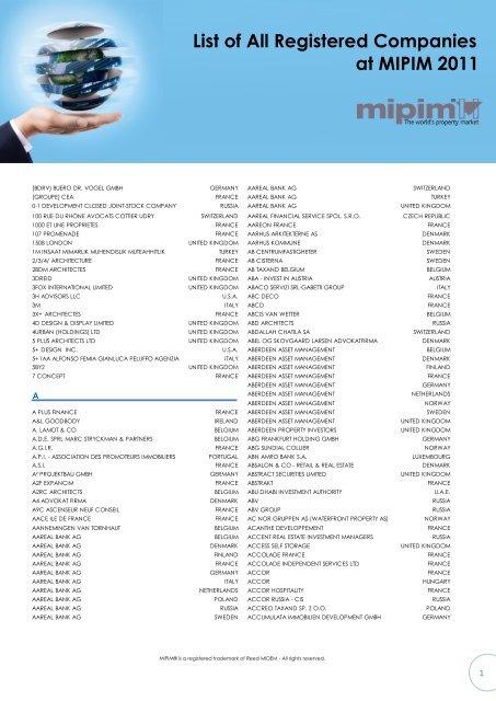 List of All Registered Companies at MIPIM 2011