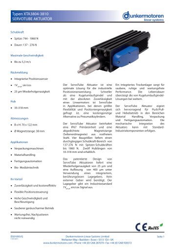 Servotube Linearaktuator XTA38 Datenblatt