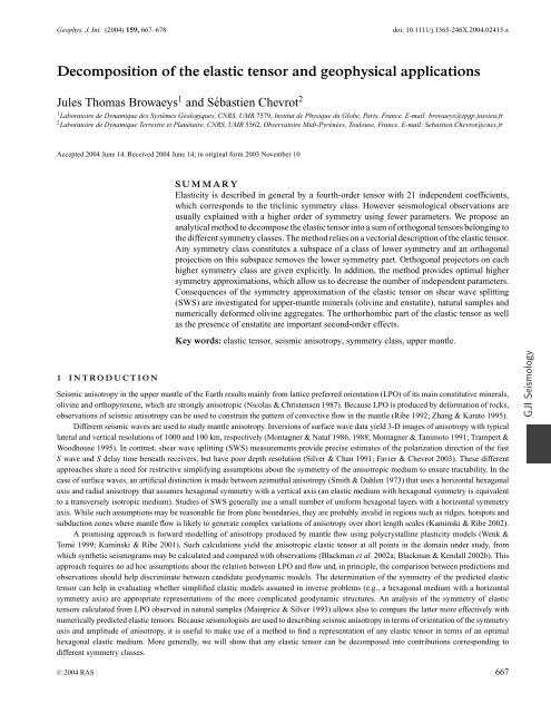 Decomposition of the elastic tensor and geophysical applications