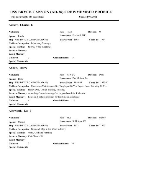 uss bryce canyon (ad-36) crewmember profile - Military Locator ...