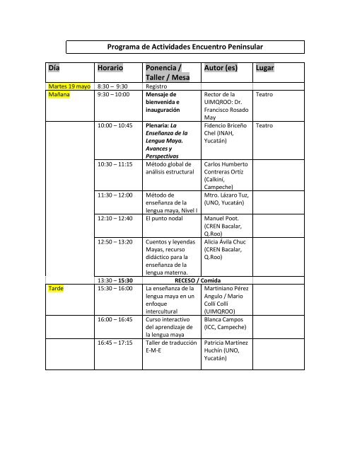 Programa de Actividades Encuentro Peninsular Día ... - UIMQRoo