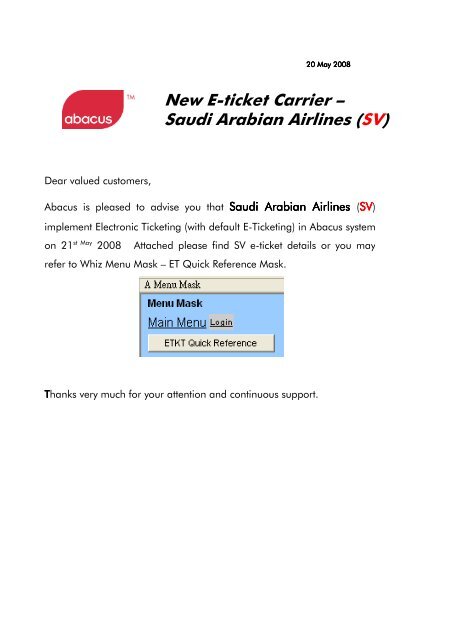 New E-ticket Carrier Ã¢Â€Â“ Saudi Arabian Airlines (SV)