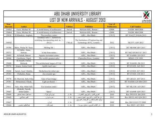 abu dhabi university library list of new arrivals - august 2013