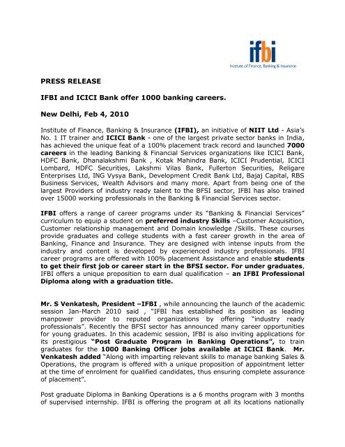 Press Release Ifbi And Icici Bank Offer 1000 Banking Ifbi Com