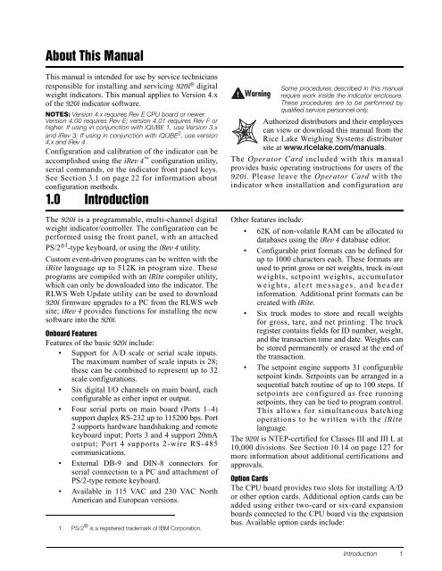 920i Installation Manual V4.01 - Rice Lake Weighing Systems