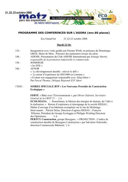 PROGRAMME DES CONFERENCES SUR L'AGORA ... - Metz-Expo