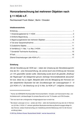 Honorarberechnung bei mehreren Objekten nach ... - Werner Baurecht