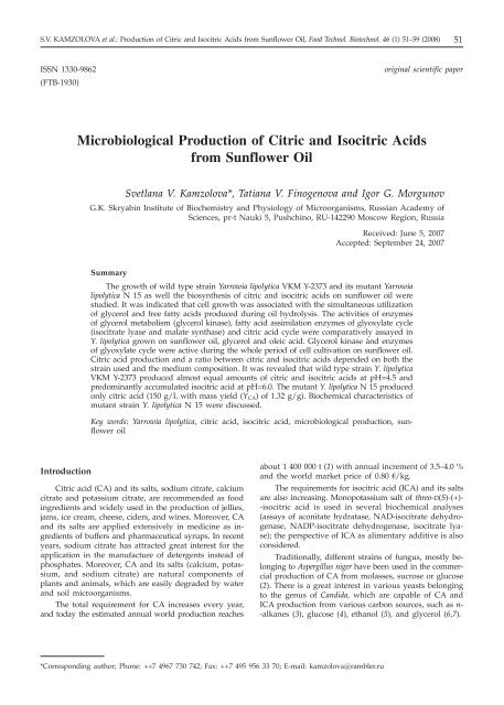 Microbiological Production of Citric and Isocitric Acids from ...