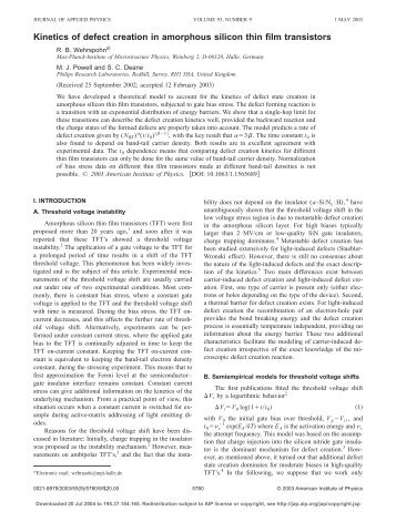 Kinetics of defect creation in amorphous silicon thin film transistors