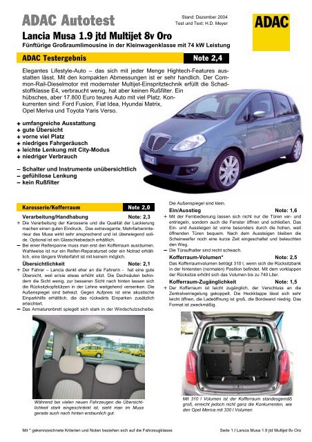 Umfassender Test Lancia Musa 1 9 Jtd Multijet 8v Oro Adac