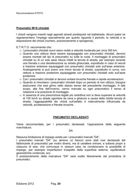 Raccomandazioni ETRTO Edizione 2012 - Pneumatici sotto controllo