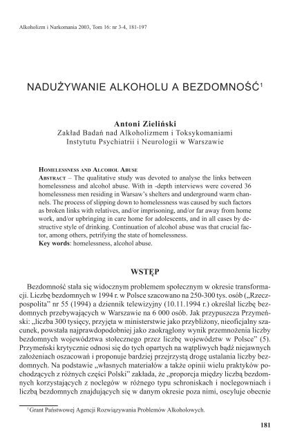 naduÂ¯ywanie alkoholu a bezdomnoÅÄ1 - Instytut Psychiatrii i ...