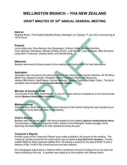 draft minutes of the meeting - YHA New Zealand