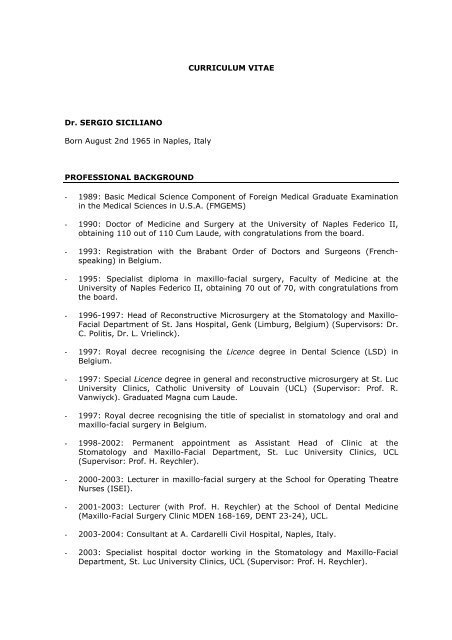 CURRICULUM VITAE Dr. SERGIO SICILIANO  HealthCare Belgium