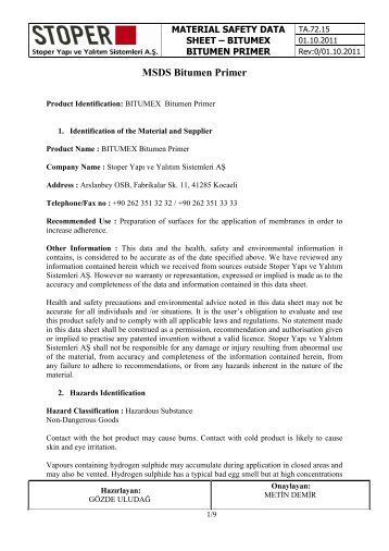 MSDS Bitumen Primer - Issue Date : October 2008 - Bitumex.com.tr