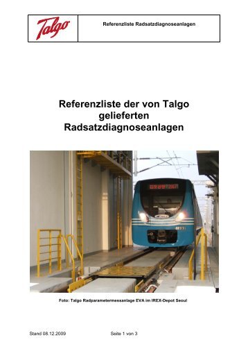 Referenzliste der von Talgo gelieferten Radsatzdiagnoseanlagen