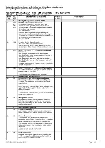 quality management system checklist - iso 9001:2008 - Transport