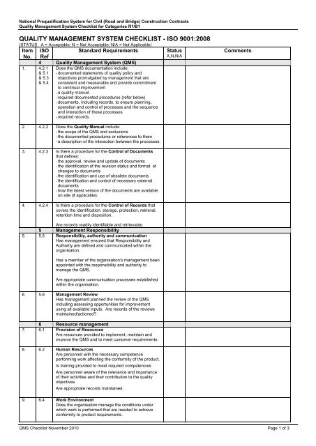 quality management system checklist - iso 9001:2008 - Transport