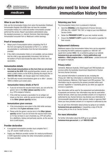 Immunisation History form - Department of Human Services