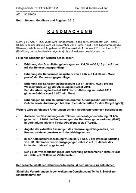 Zusammenfassung Gebuehren 2010.pdf - Gemeinde Telfes im Stubai