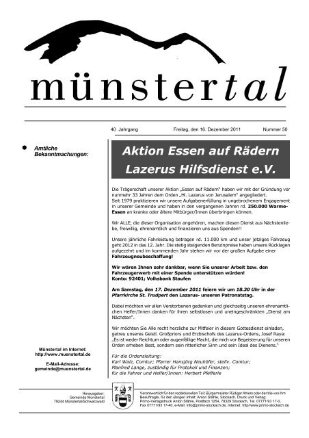 Aktion Essen auf Rädern Lazerus Hilfsdienst e.V. - Münstertal