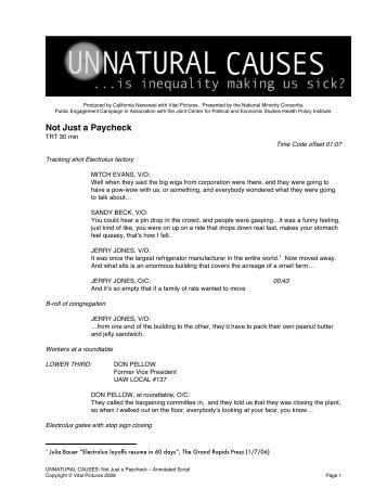 Not Just a Paycheck - Transcript with Citations - Unnatural Causes