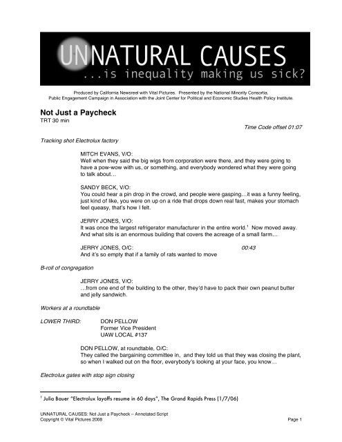 Not Just a Paycheck - Transcript with Citations - Unnatural Causes