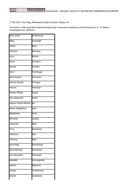 Klassenliste 12-13 Oberstufe - des Musischen Gymnasiums