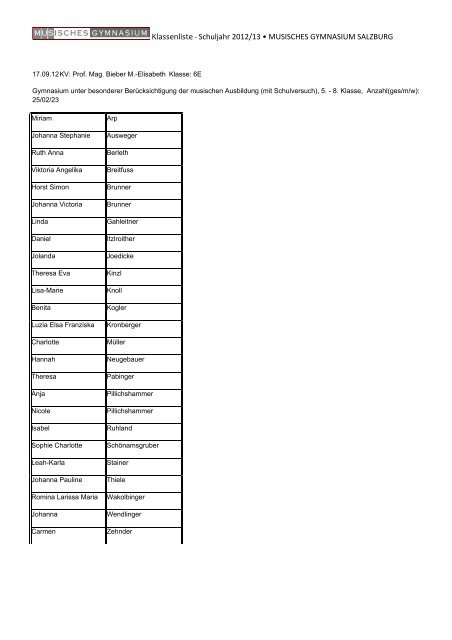 Klassenliste 12-13 Oberstufe - des Musischen Gymnasiums