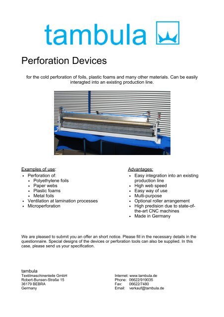2. Perforation device - Tambula Textilmaschinenteile GmbH