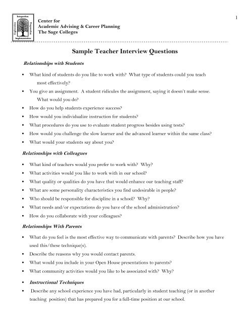 Sample Teacher Interview Questions - The Sage Colleges